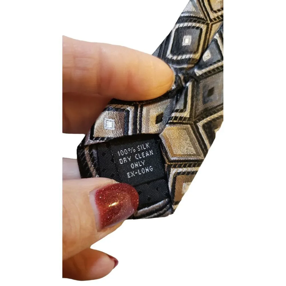 King‎ Size Mens 100% Silk Tie Tan Black Geometric Men Necktie Long 62 x 4